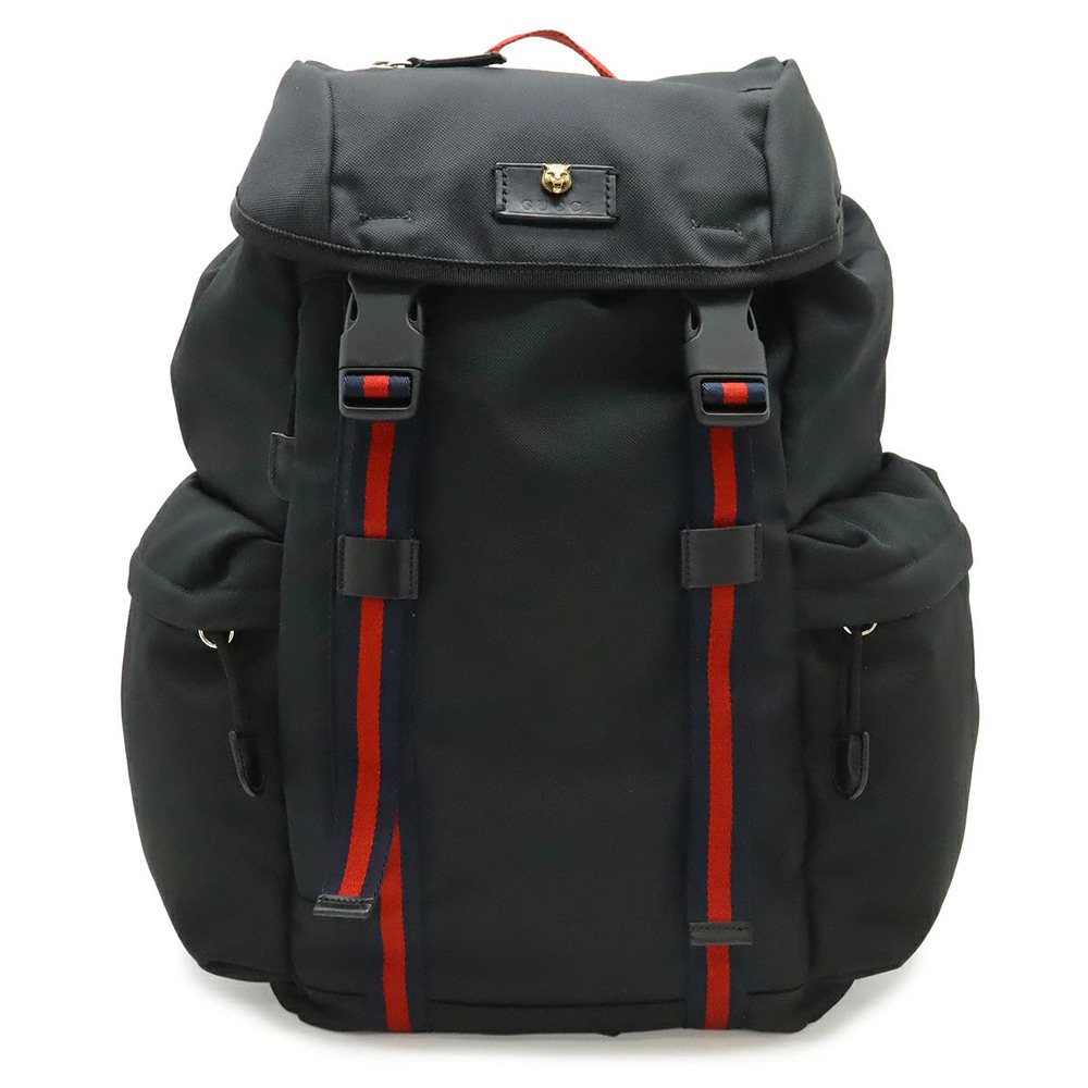 Gucci Techno Canvas Web Sherry Cat Head Backpack Rucksack Leather Black